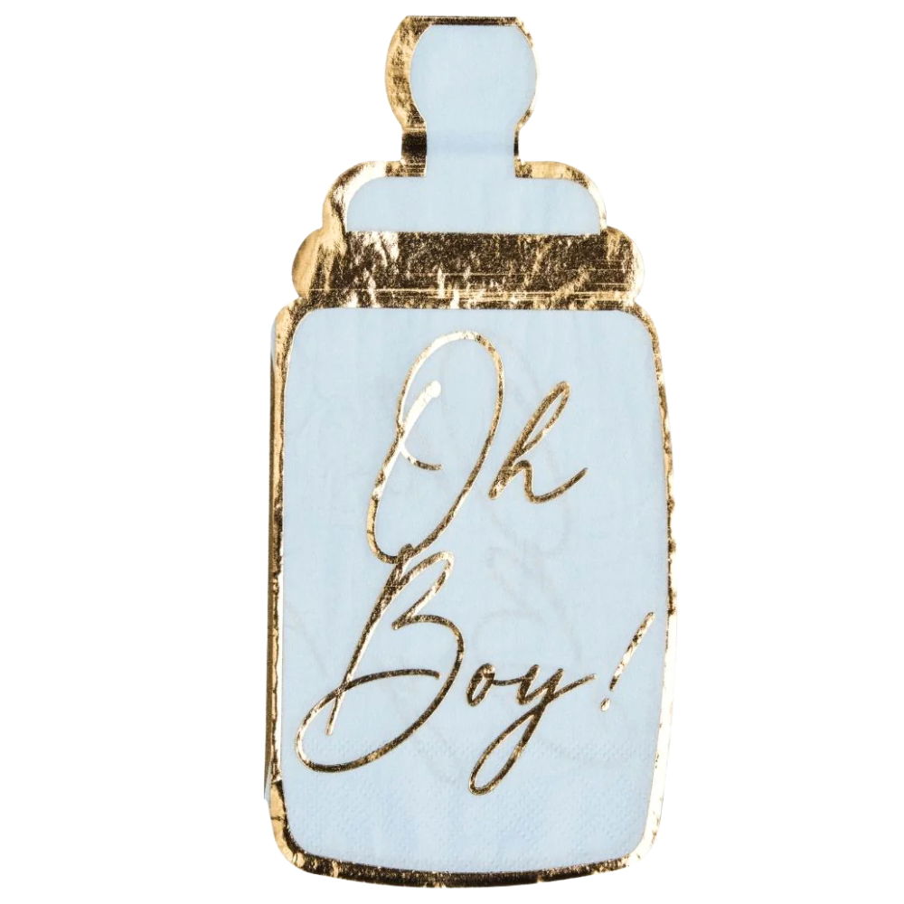 Everyday Sky Blue Guest Towel Napkins, 16-pack, elegantly displayed with gold-trimmed baby bottle, highlighting premium party decor from Party Social.