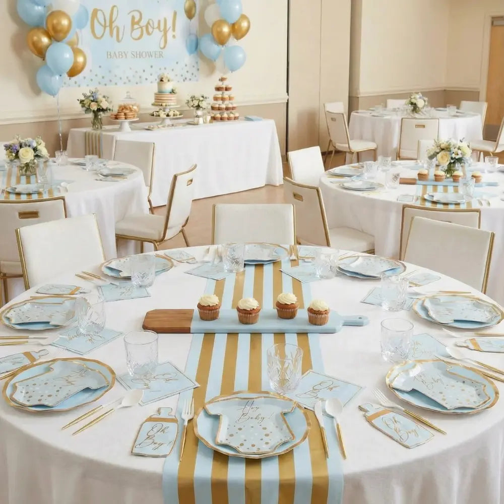 Everyday Sky Blue Dinner Plates set the scene on white linens with gold accents at a baby-boy shower, complemented by matching napkins and festive decor.