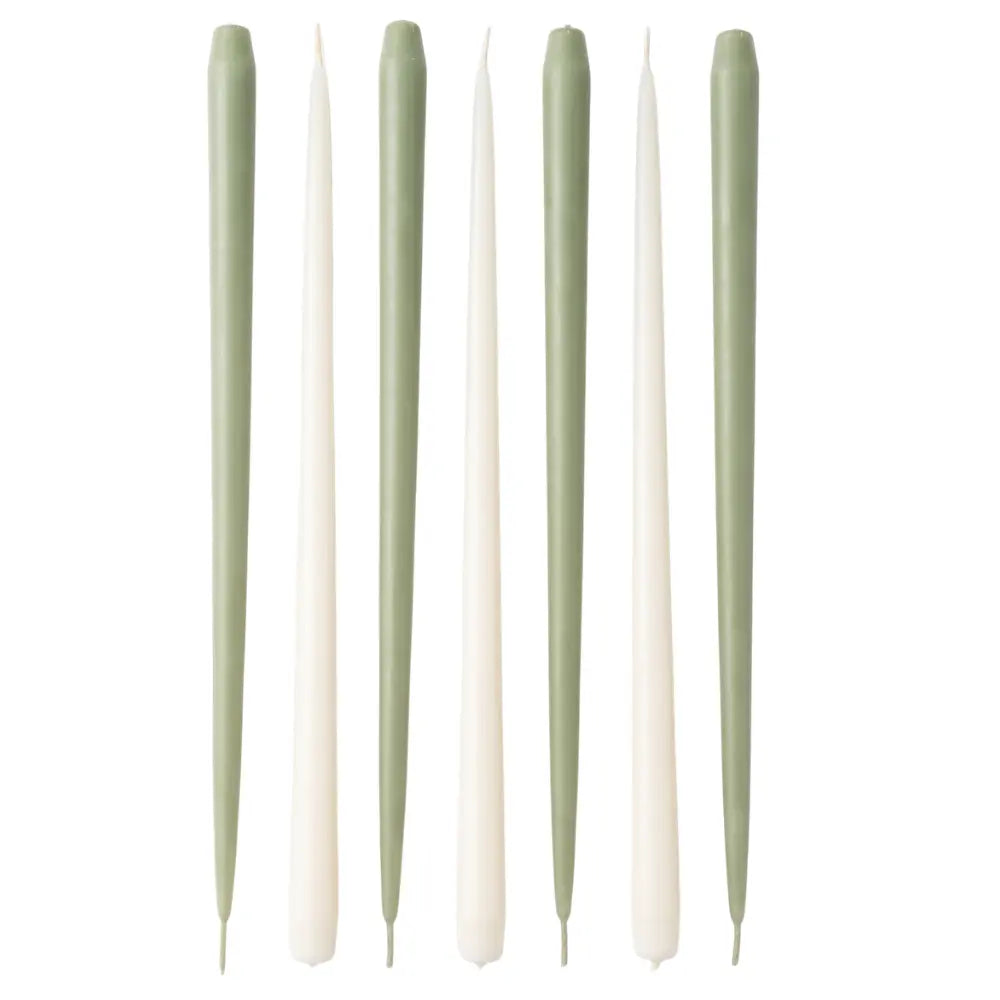 Six taper candles arranged vertically in a row on a plain white background, alternating between sage green and off-white.