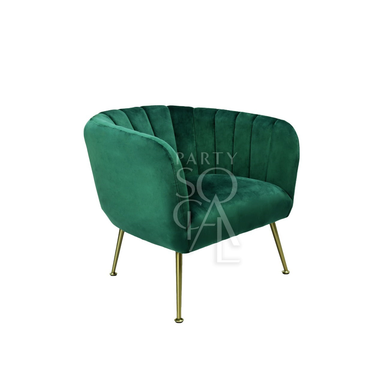 ROYAL GREEN VELVET SINGLE SEATER with gold-finish metallic legs, perfect for stylish lounge seating, provided by Party Social for events and special occasions.