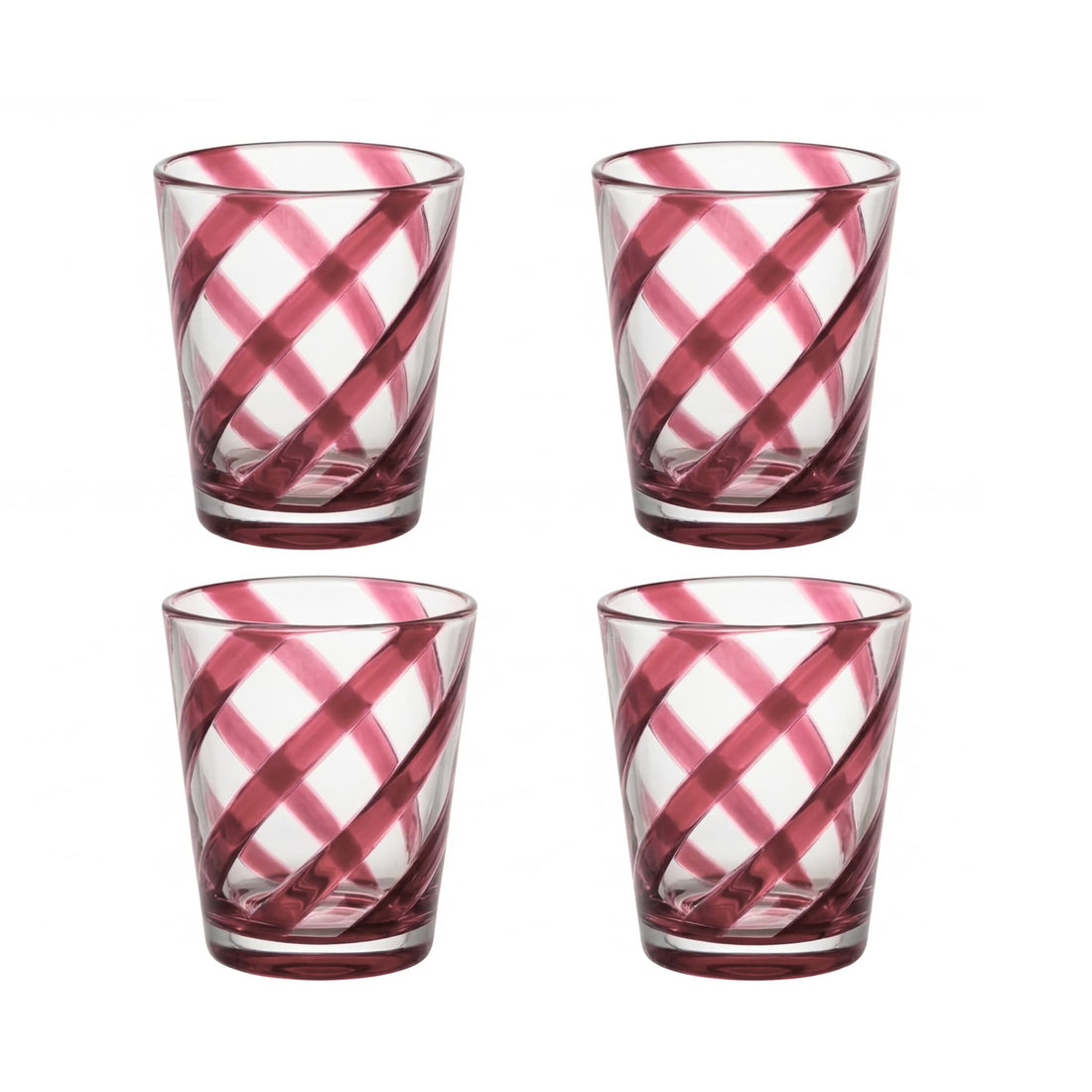 Four plastic  tumblers with red and white spiral pattern on a white background