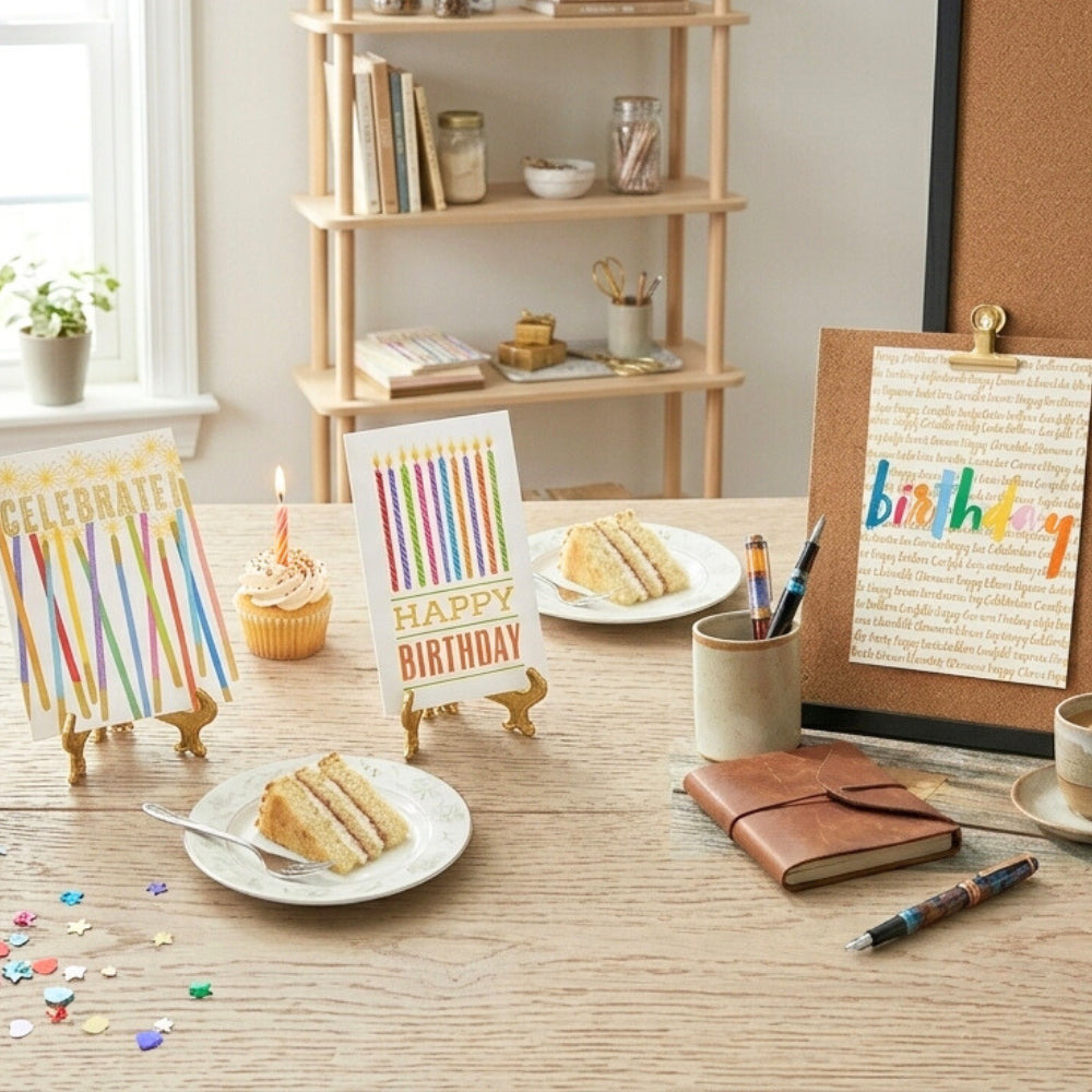 Birthday cards with cake, cards, and other stationery on a wooden table.