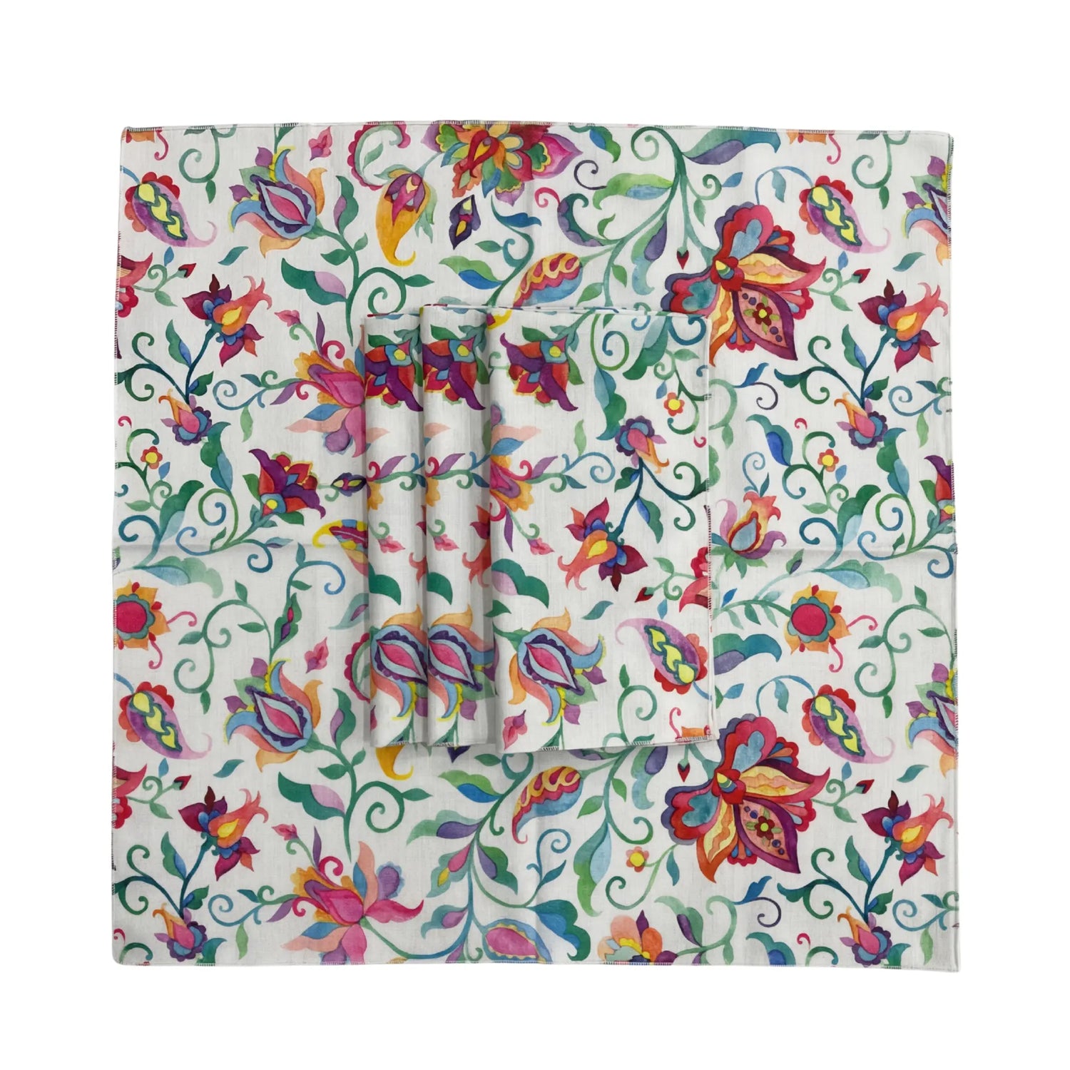 Summer Florals Polyester Napkin - Set of 4, featuring vibrant botanical patterns, including a tablecloth and matching napkins, perfect for elegant table settings and celebrations.
