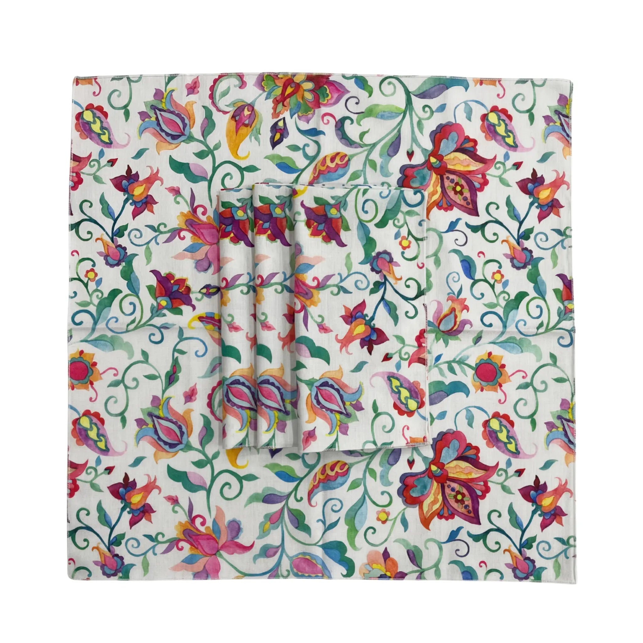 Summer Florals Polyester Napkin - Set of 4, featuring vibrant botanical patterns, including a tablecloth and matching napkins, perfect for elegant table settings and celebrations.