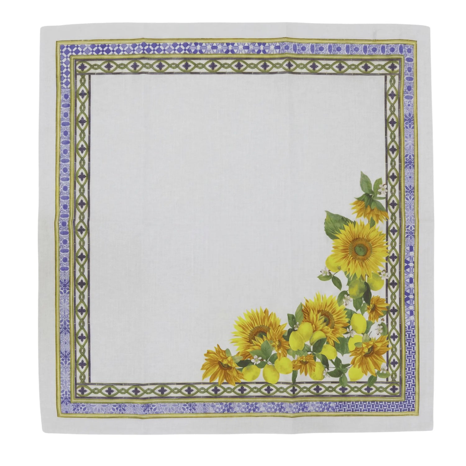 Napkin with sunflower design and decorative border on a white background