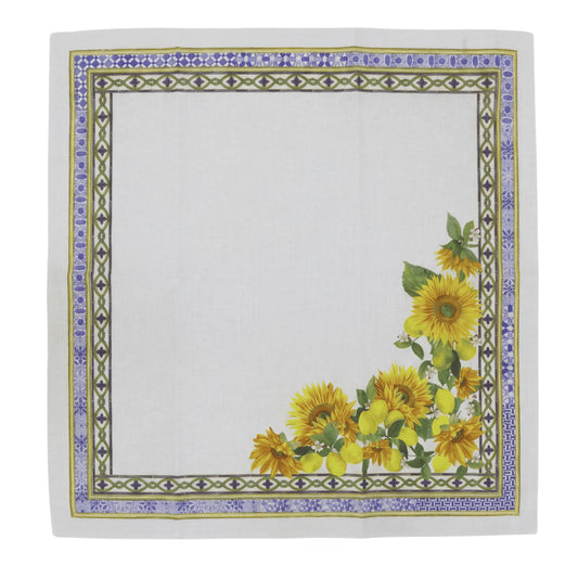 Napkin with sunflower design and decorative border on a white background