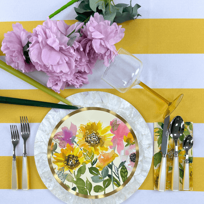 Yellow Stripe Linen Tablecloth elevates your table with a premium touch. Perfect for events, this polyester tablecloth in stripes pattern enhances any setting. Easy to wash and reuse, it&