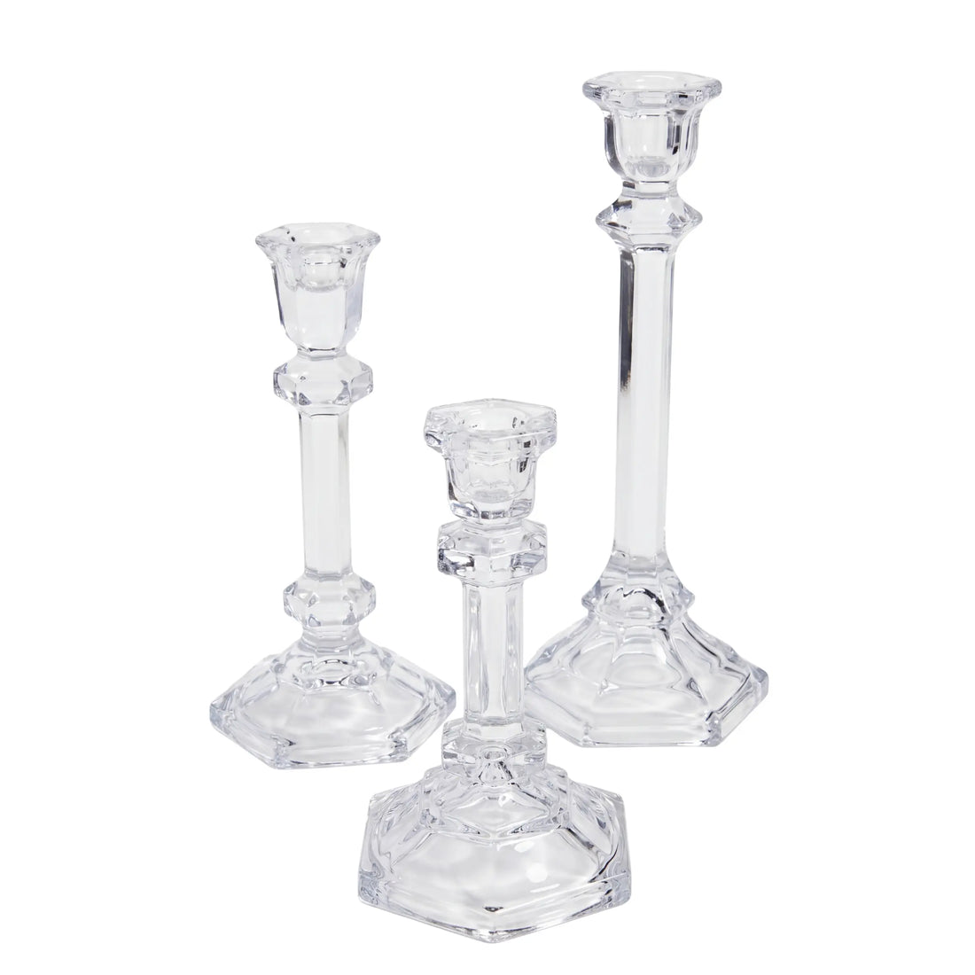 TAPERED GLASS CANDLESTICKS SET OF 3 with faceted stems and hexagonal bases, perfect for elevating any premium event decor.