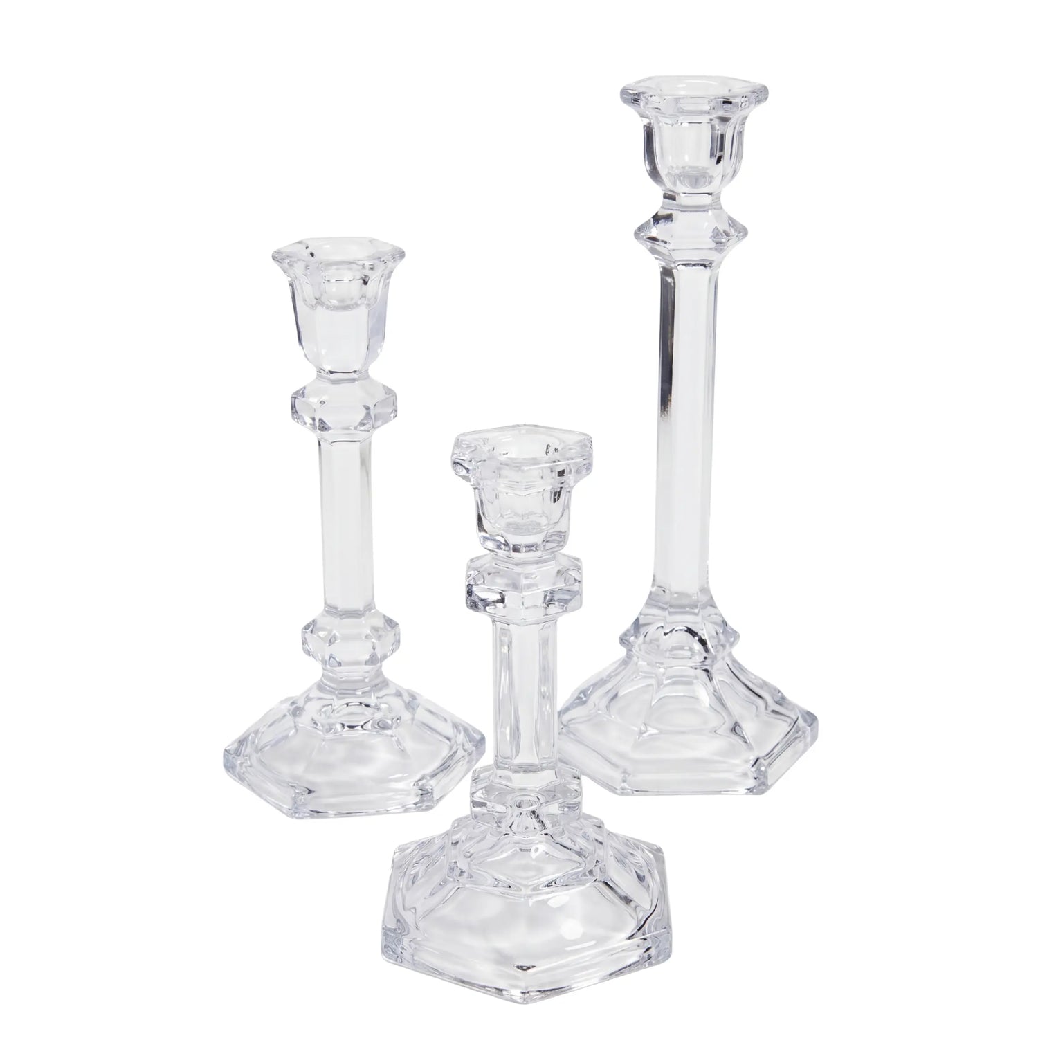 TAPERED GLASS CANDLESTICKS SET OF 3 with faceted stems and hexagonal bases, perfect for elevating any premium event decor.
