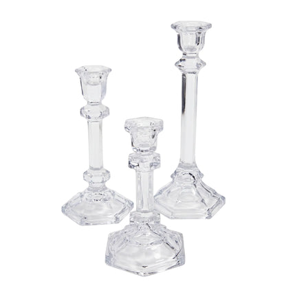 TAPERED GLASS CANDLESTICKS SET OF 3 with faceted stems and hexagonal bases, perfect for elevating any premium event decor.