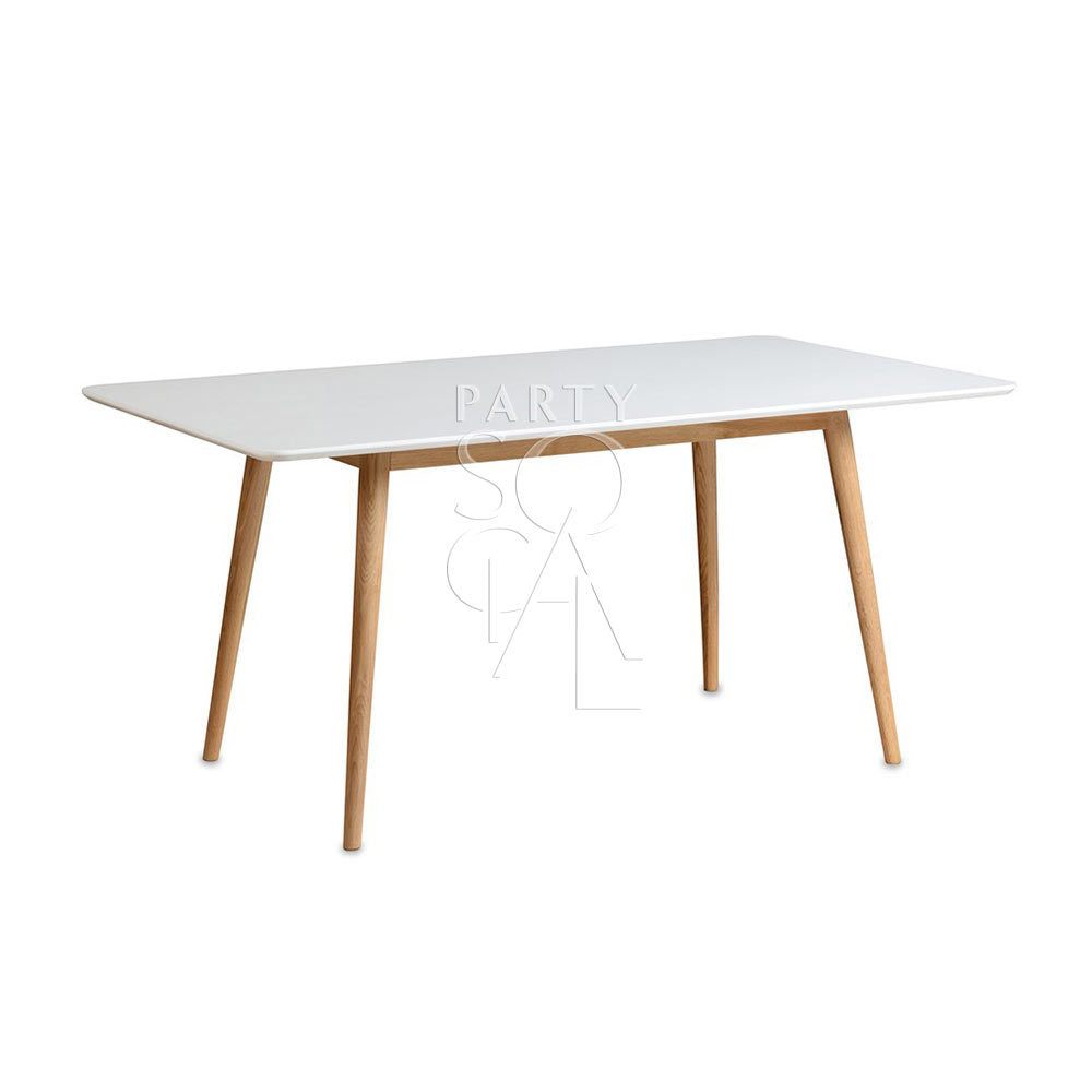 White rectangular table with wooden legs, suitable for corporate events and home functions, complements Party Social&