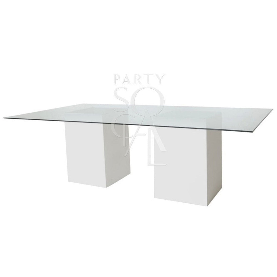 GLASS DINING TABLE with a clear glass top and white wooden base, perfect for corporate events and home functions, available at Party Social.