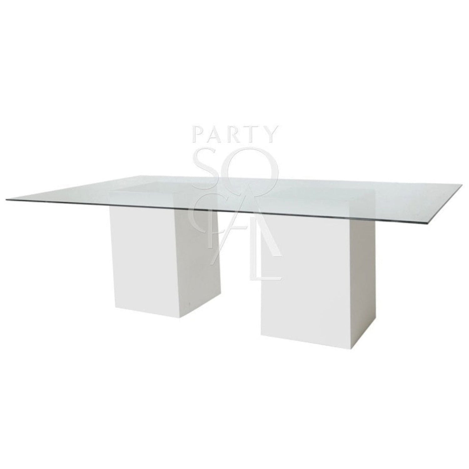 GLASS DINING TABLE with a clear glass top and white wooden base, perfect for corporate events and home functions, available at Party Social.