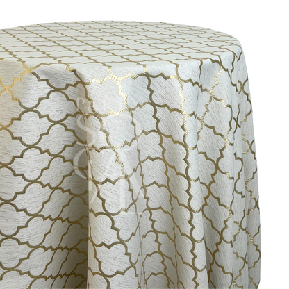 Golden Trellis Round Tablecloth featuring a gold trellis pattern on a cream base, ideal for elevating event decor with a blend of classic and contemporary style.