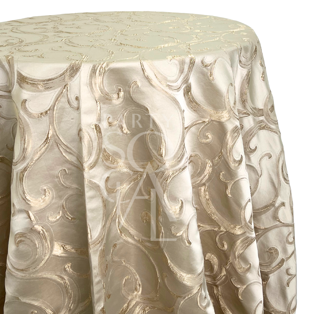 Gold Scroll Embroidered Round Tablecloth featuring intricate gold scroll embroidery on a cream jacquard fabric, ideal for elegant event settings.