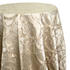 Gold Scroll Embroidered Round Tablecloth featuring intricate gold scroll embroidery on a cream jacquard fabric, ideal for elegant event settings.
