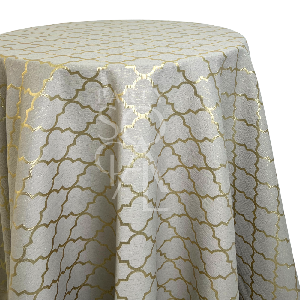 Golden Lattice Round Tablecloth with gold quatrefoil pattern on light-silver fabric, ideal for elegant events like weddings or bridal showers.