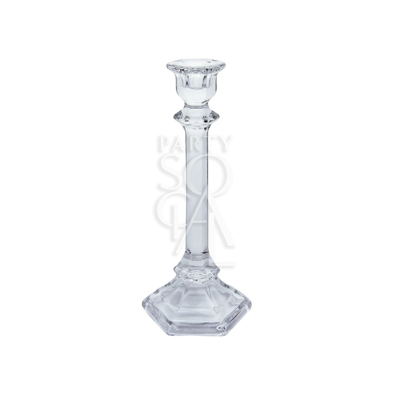 TAPERED GLASS CANDLE HOLDERS SET OF 3; elegant glass holders in varying heights, suitable for premium events, complementing crystal and metallic decor.