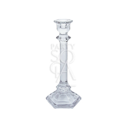 TAPERED GLASS CANDLE HOLDERS SET OF 3; elegant glass holders in varying heights, suitable for premium events, complementing crystal and metallic decor.