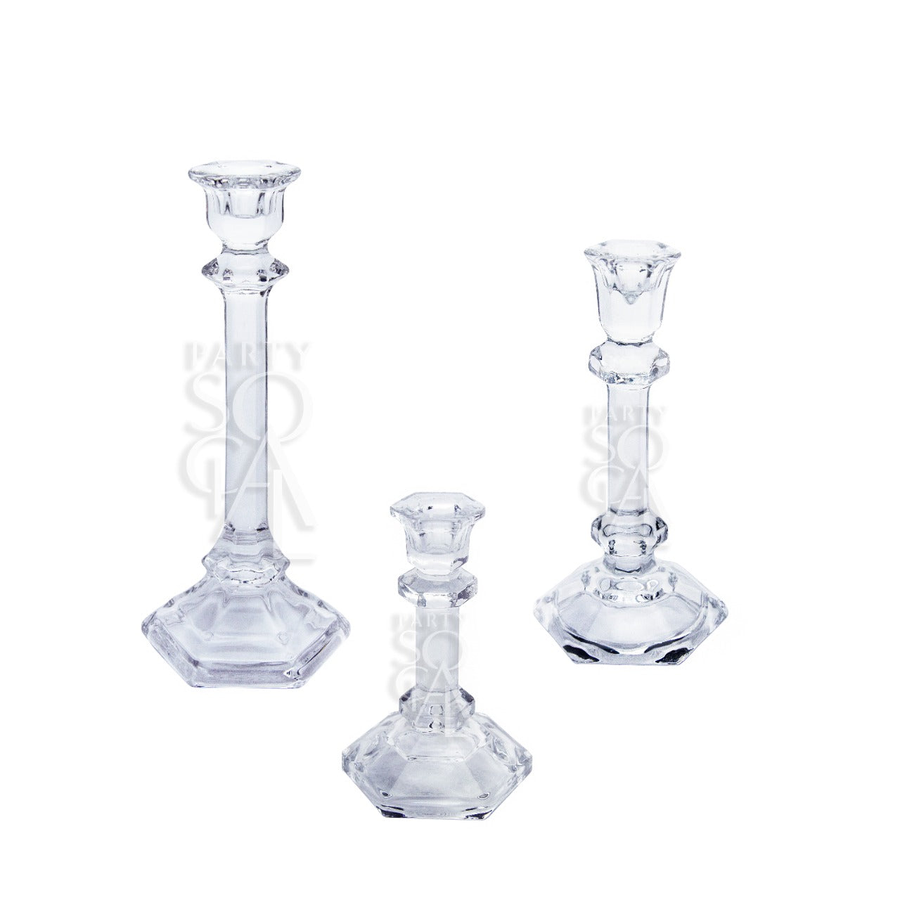 TAPERED GLASS CANDLE HOLDERS SET OF 3 featuring elegant glass design, perfect for premium events, available in large, medium, and small sizes. Ideal for enhancing any party setting.