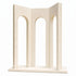 A minimalist cream-colored decorative sculpture featuring three vertical columns framing arched openings, standing on a rectangular base against a solid white background.