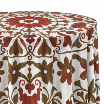 Tuscan Terracotta Tablecloth. Featuring a bold botanical print in rich terracotta and earthy olive tones, this statement linen creates an effortlessly elevated setting inspired by Mediterranean dining.