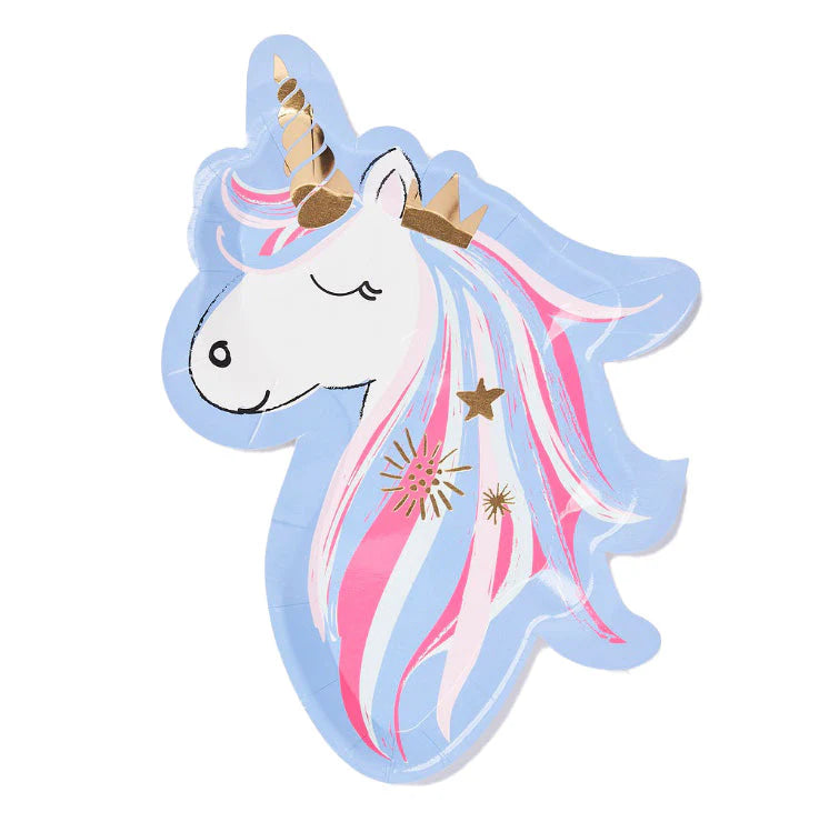 A whimsical unicorn head die-cut paper plate, perfect for adding elegance to events. Dreams Come True Paper Salad Plate - 8 per package. Ideal for parties and special occasions.