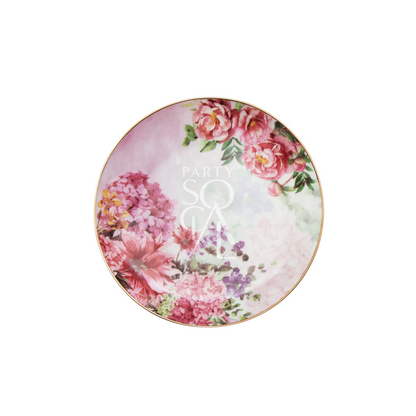 PINK PEONIES PLATES featuring a delicate floral design on porcelain, ideal for enhancing elegant table settings. Available in multiple sizes for versatile event use.