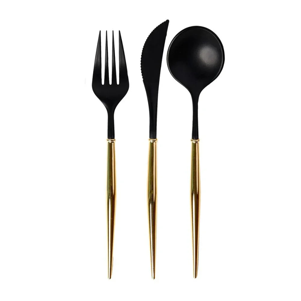 Bella Cutlery in Gold and Black by Sophistiplate, featuring sleek, modern design disposable plastic utensils including a spoon, fork, and knife, ideal for elevating any event setting.