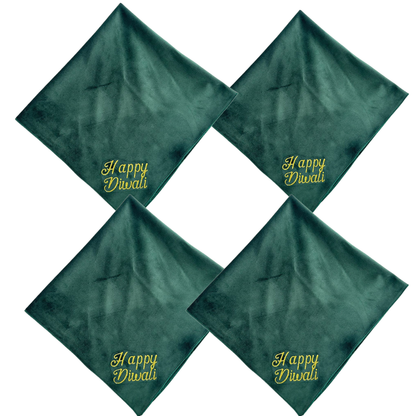 Printed Napkin (Diwali) - 4 per pack: Green velvet napkins featuring elegant gold Happy Diwali text, ideal for stylish holiday table settings.