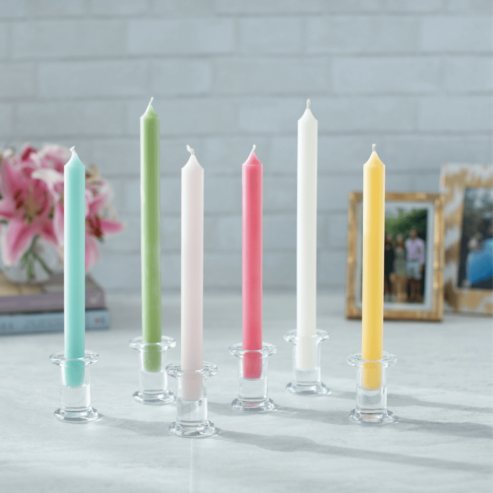 Pair of 10-inch Duet Crown Candles in holders, made of paraffin and palm wax blend with lead-free cotton wick. Smokeless and dripless for elegant table settings. From Party Social.