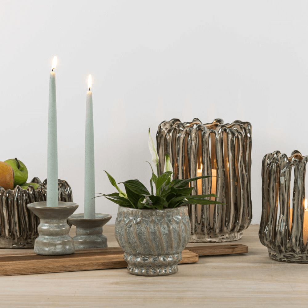 Tapered Smokeless Candles, 30cm, set of 2, artisan-made in Belgium. Enhance any event with elegant candles and a potted plant. Ideal for weddings, dinners, and special occasions.