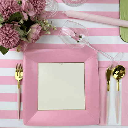 Grosgrain Square Paper Dinner Plates in Light Pink - 8 Per Package by Caspari, resembling fine porcelain, elevate table settings with museum artwork. Perfect for picnics, birthdays, and cocktail hours. Made in the USA from durable paperboard.