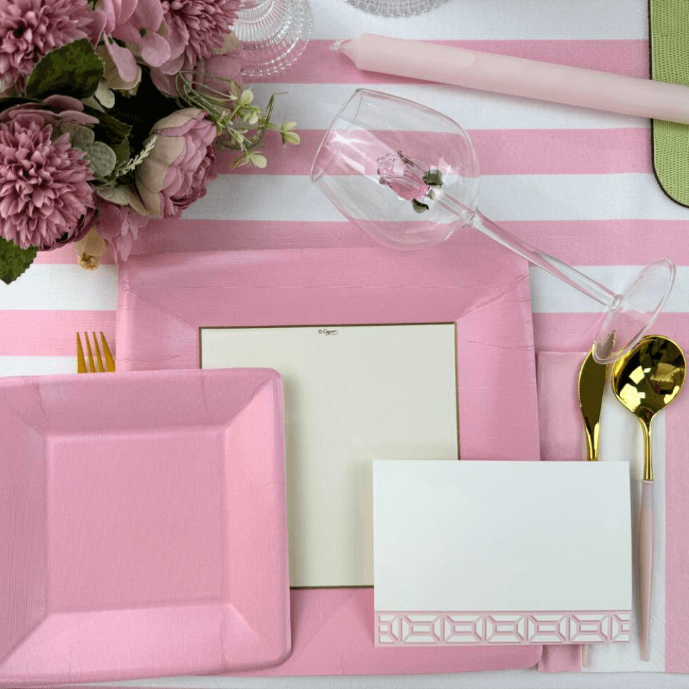 Blank correspondence cards featuring Garden Gate design in light pink. Set of 20 cards with envelopes in a gold foil box. Perfect for any occasion, adorned with licensed artwork. Ideal for gifting.