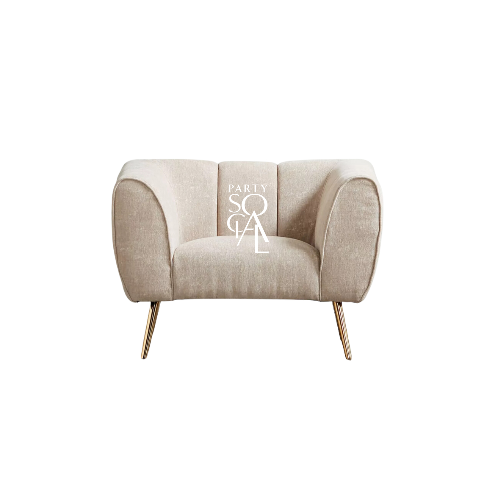 SAND TEXTURED SOFA SINGLE SEATER: Modern luxe chair with gold legs, ideal for lounge seating at events, reflecting Party Social&