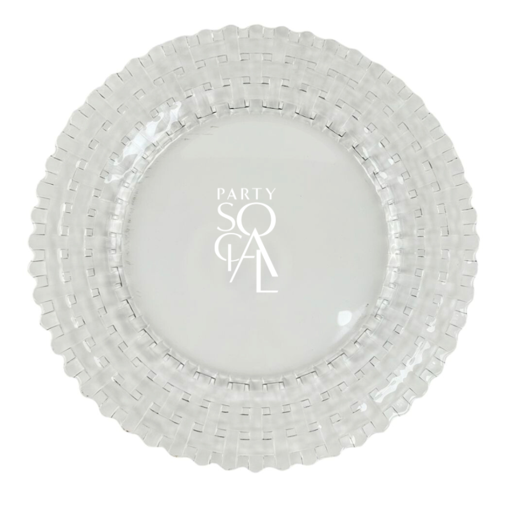 CHARGER PLATE- CLEAR BASKET WEAVE, ideal for elegant table settings, features a clear design with a basket weave pattern, perfect for upscale events.