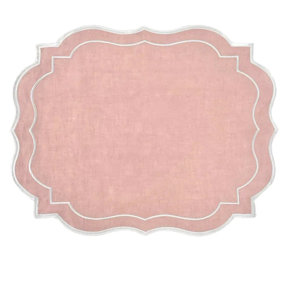 Scalloped Linen Placemats - 4 per pack, premium flax linen with white trim, elegant addition for special table setups.