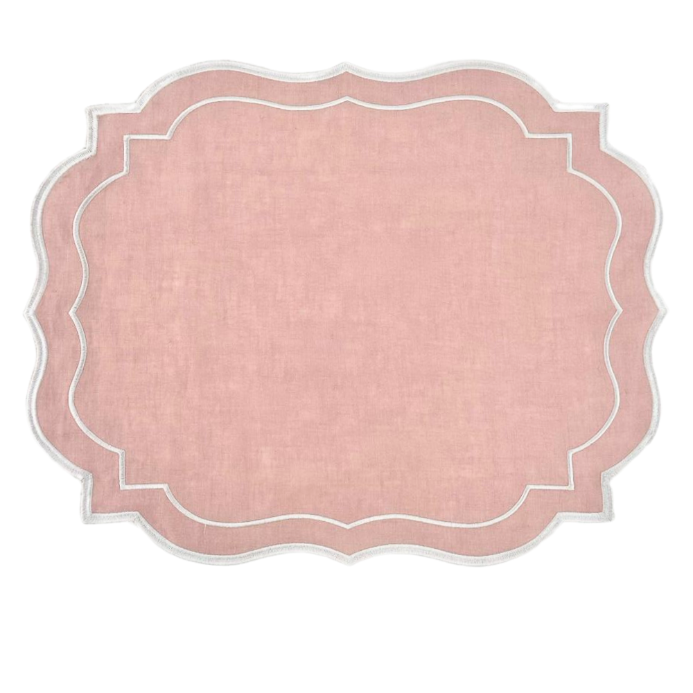 Scalloped Linen Placemats - 4 per pack, premium flax linen with white trim, elegant addition for special table setups.
