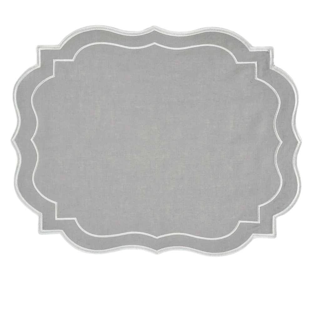 Scalloped Linen Placemats - 4 per pack: Grey linen placemat with white trim, perfect for elegant table setups.
