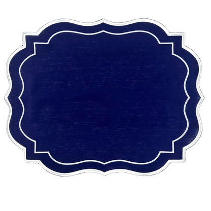 Scalloped Linen Placemats - 4 per pack, displayed on a blue and white sign, showcasing their elegant addition to special table setups.