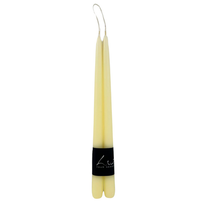 A pair of 30cm tapered smokeless candles with a black band, elegantly crafted for adding warm ambience to any setting.