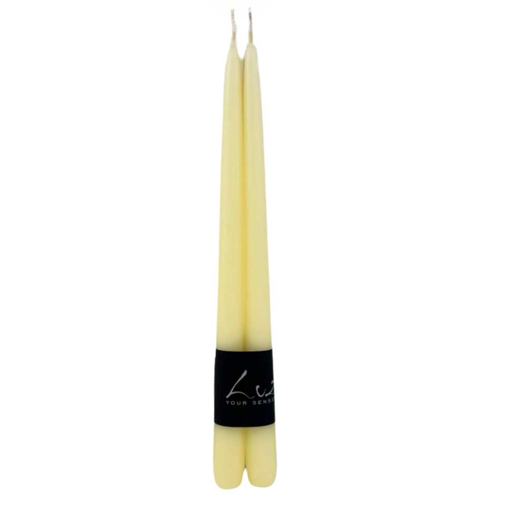 A pair of artisanally crafted, smokeless, dripless 30cm tapered candles, perfect for adding warmth to any event setting.