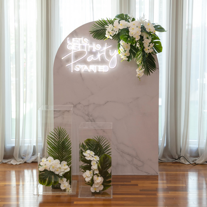 Marble &amp; Greens Backdrop featuring floral and plant designs, perfect for enhancing party decor with a customizable, elegant theme.