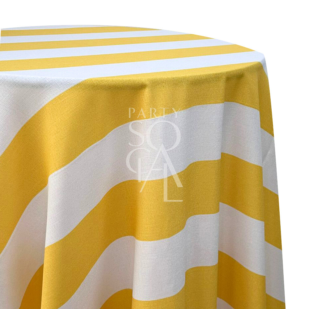 WIDE STRIPES ROUND TABLECLOTH with yellow and white stripes, ideal for enhancing dining setups with a premium look. Perfect for parties and special occasions.