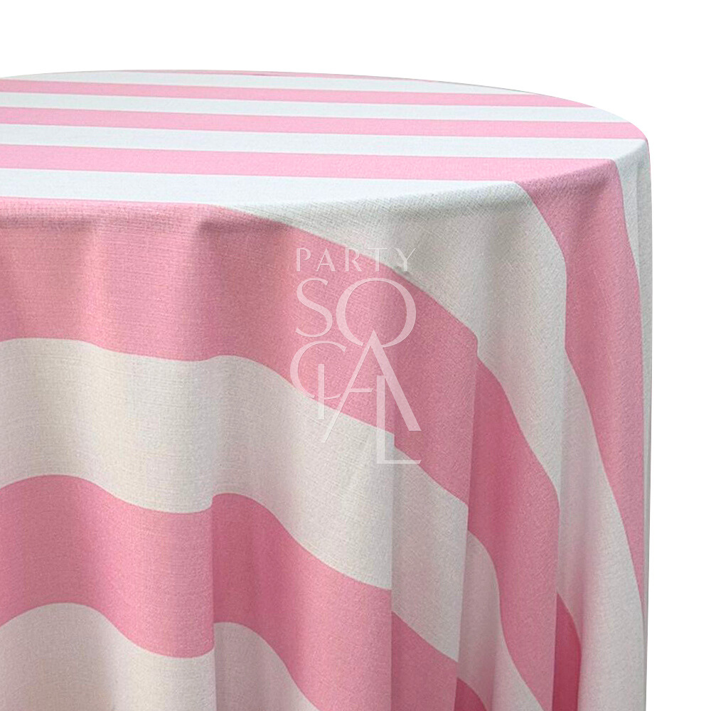 WIDE STRIPES ROUND TABLECLOTH with pink and white stripes, enhancing your dining setup with a premium look, ideal for party or event decor.