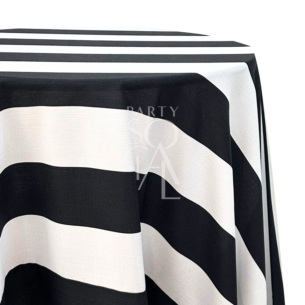 WIDE STRIPES ROUND TABLECLOTH featuring bold black and white stripes, ideal for enhancing your dining setup with a premium look. Perfect for events and special occasions.