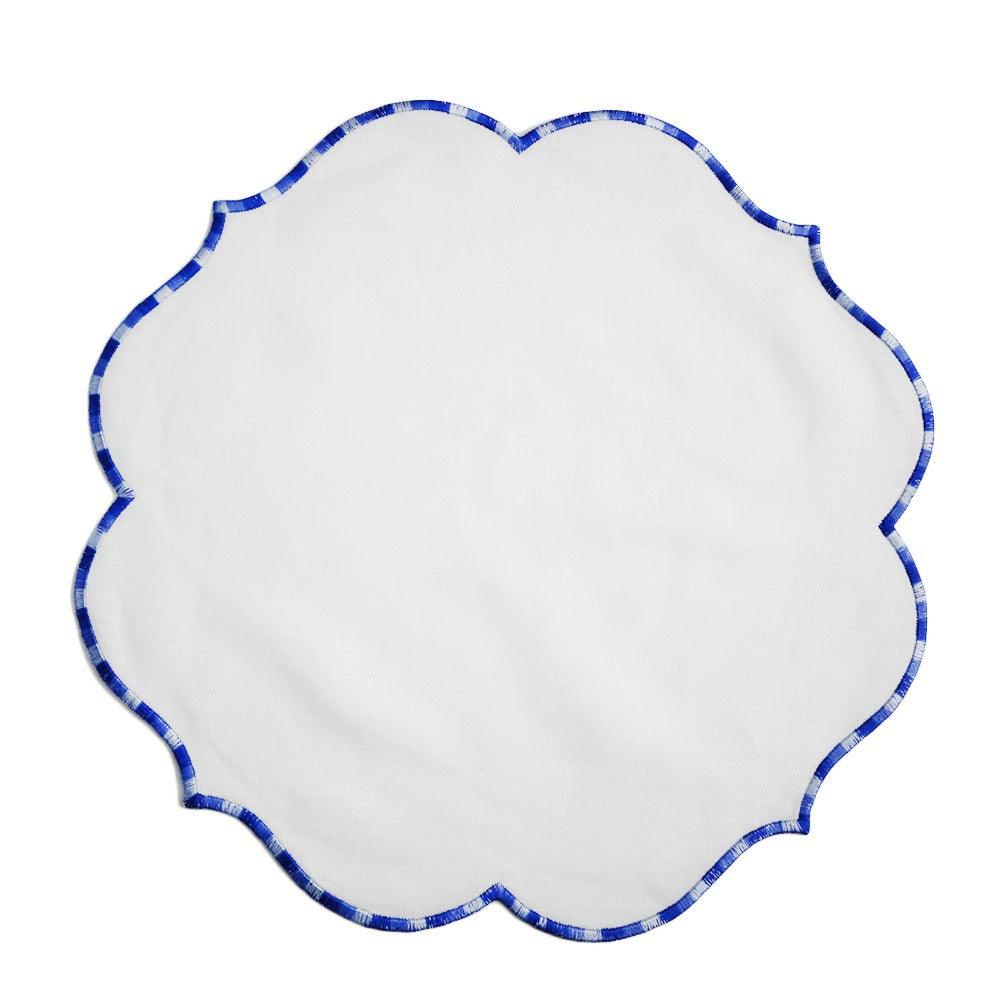 Lotus Pure Linen Placemat, 2 per pack, featuring elegant white and blue scalloped edges, perfect for adding luxury to your special table setups.