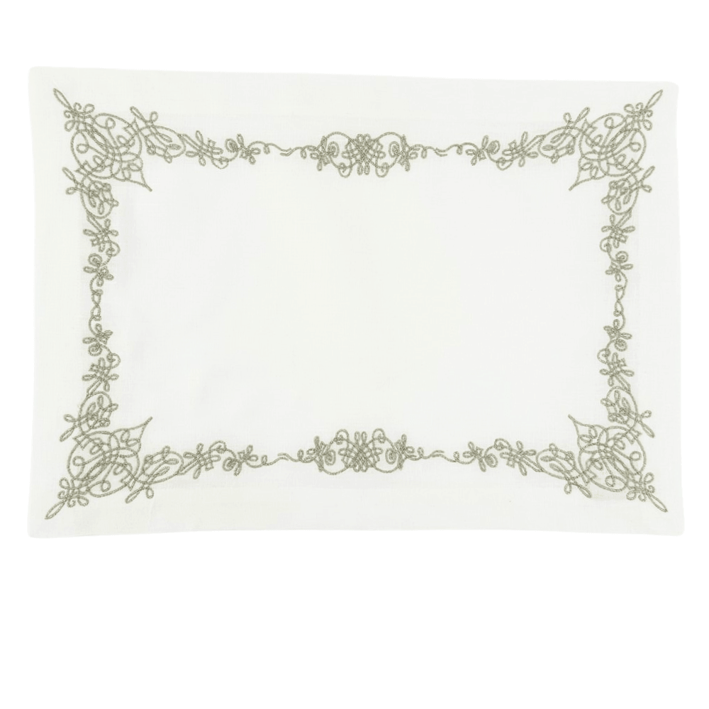 Oriental Pure Linen Placemat, 2 per pack, featuring intricate green embroidery, ideal for enhancing elegant table setups.