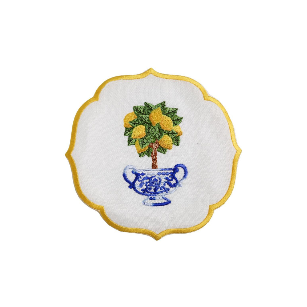 Lemoncello Pure Linen Coaster - 4 per pack, featuring elegant lemon embroidery in a blue pot, ideal for enhancing special table setups.