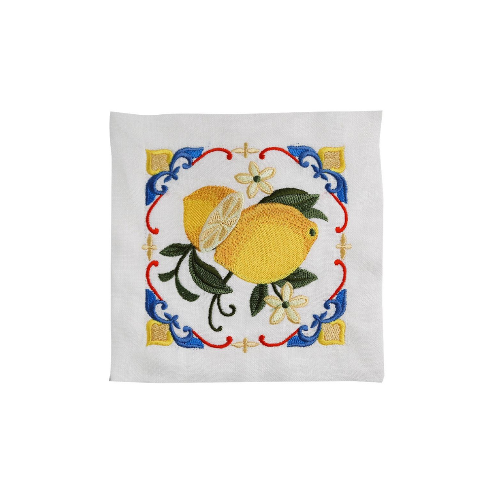 Majolica Lemon Pure Linen Coaster set, featuring white coasters with embroidered yellow lemons and flowers, perfect for elegant table settings. Pack of 4.